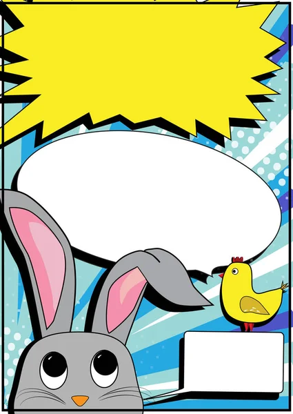 Blue and yellow retro comic poster with bunny and chicken. Easter comic poster. Funny poster, Children poster.