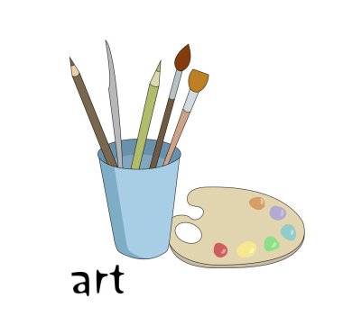 Kurşun kalem, fırça ve palet boya ile gösteren resim.