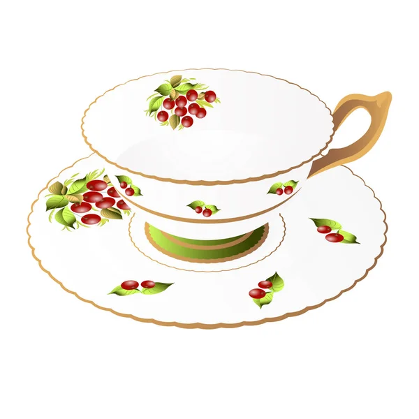 Composizione grafica vettoriale La tazza e il piatto decorati con ciliegie — Vettoriale Stock