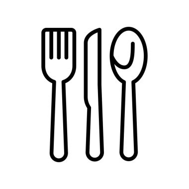 Beyaz arka plan, çatal bıçak takımı şeffaf işareti, çizgi ve anahat öğelerini lineer tarzda izole çatal bıçak takımı simge vektör