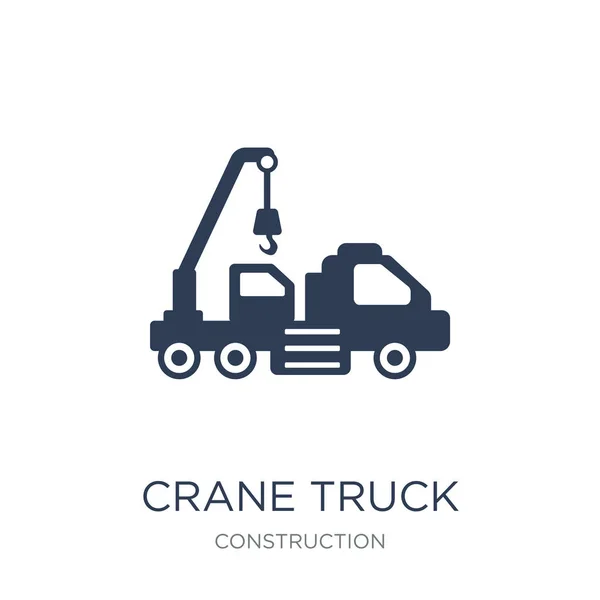 Crane Truck Ikona Módní Plochých Vector Jeřáb Truck Ikony Bílém — Stockový vektor
