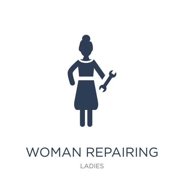Mujer Reparando Icono Moderno Vector Plano Mujer Reparación Icono Sobre — Archivo Imágenes Vectoriales