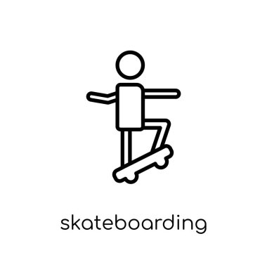 Kaykay simgesi. Modaya uygun modern düz doğrusal vektör Skateboarding kutsal kişilerin resmi üstünde ince çizgi etkinlik beyaz arka plan ve Hobiler koleksiyon, düzenlenebilir anahattı kontur vektör çizim