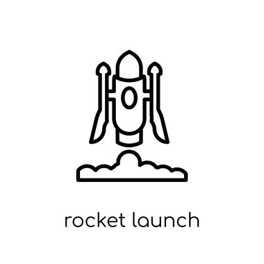 Roket fırlatma simgesi. Modaya uygun modern düz doğrusal vektör roketi ince çizgi astronomi koleksiyonu, Anahat vektör çizim beyaz arka plan üstünde kutsal kişilerin resmi