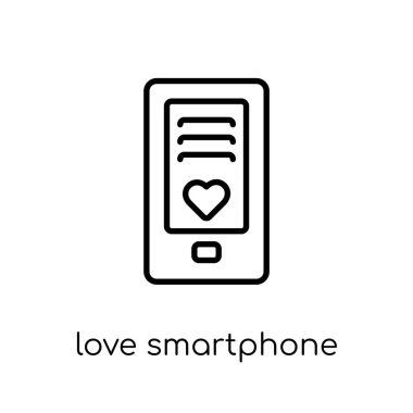 aşk akıllı telefon simgesi. Modaya uygun modern düz doğrusal vektör akıllı telefon simgesi ince çizgi düğün ve love Collection, Anahat vektör çizim beyaz arka plan üzerinde seviyorum