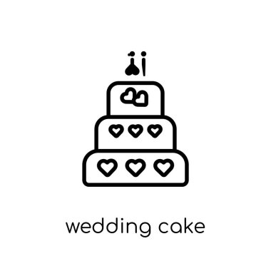 Düğün pastası simgesi. Trendy modern düz doğrusal vektör düğün pastası kutsal kişilerin resmi--dan ince beyaz arka planda satır düğün ve aşk koleksiyonu, Anahat vektör çizim