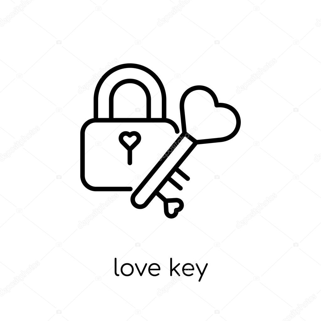 Love key icon. Trendy modern flat linear vector love key icon on white background from thin line Wedding and love collection, outline vector illustration