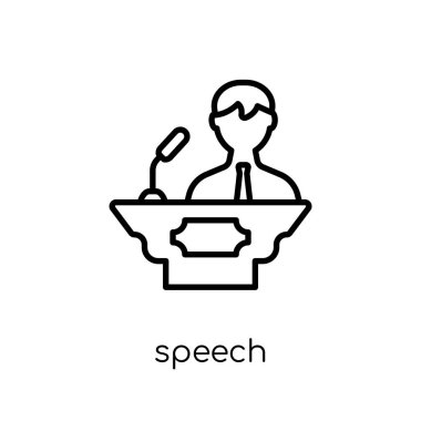 Konuşma simgesini. Modaya uygun modern düz doğrusal vektör ince çizgi iş beyaz arka plan üzerinde konuşma simgesini ve analytics koleksiyonu, düzenlenebilir anahattı kontur vektör çizim