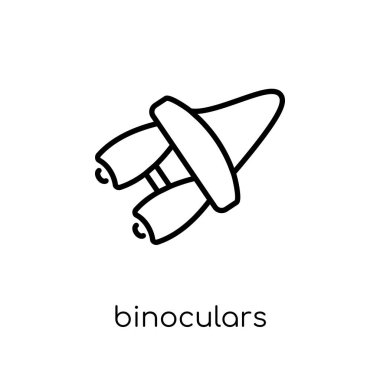 Dürbün simgesi. Modaya uygun modern düz doğrusal vektör dürbün simgesini ince çizgi kamp Collection, Anahat vektör çizim beyaz arka plan üzerinde