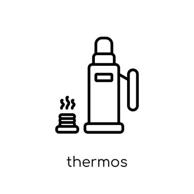 Termos simgesi. Modaya uygun modern düz doğrusal vektör termos simgesi ince çizgi kamp Collection, Anahat vektör çizim beyaz arka plan üzerinde