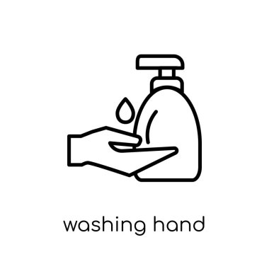 Yıkama el simgesi. Modaya uygun modern düz doğrusal yıkama el simgesi beyaz arka planda ince satırından Temizleme toplama, düzenlenebilir anahattı kontur vektör çizim vektör