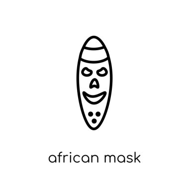 Afrika maskesi simgesi. Modaya uygun modern düz doğrusal vektör Afrika maskesi simgesi ince çizgi Müzesi koleksiyonu, Anahat vektör çizim üzerinden beyaz arka plan üzerinde