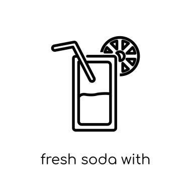 taze soda limon dilimi ve saman simgesi olan. Modaya uygun modern düz doğrusal vektör ince çizgi içecekler Collection, Anahat vektör çizim beyaz zemin üzerine limon dilimi ve saman simgesi olan taze soda