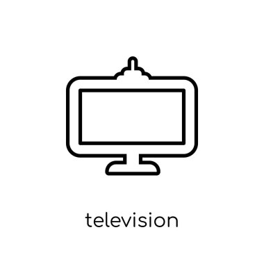 televizyon simgesi. Trendy modern düz doğrusal vektör televizyon üstünde kutsal kişilerin resmi--dan ince çizgi elektronik cihazlar koleksiyonu, Anahat vektör çizim beyaz arka plan