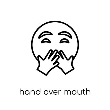 ağız emoji simgesinin üzerine ver. Modaya uygun modern düz doğrusal vektör ince çizgi Emoji koleksiyonu, Anahat vektör çizim ağız emoji simgesi beyaz zemin üzerine teslim
