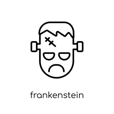 Frankenstein simgesi. Modaya uygun modern düz doğrusal vektör Frankenstein kutsal kişilerin resmi üstünde ince çizgi masal koleksiyonu, düzenlenebilir anahattı kontur vektör çizim beyaz arka plan