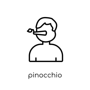 Pinokyo simgesi. Modaya uygun modern düz doğrusal vektör Pinokyo kutsal kişilerin resmi üstünde ince çizgi masal koleksiyonu, düzenlenebilir anahattı kontur vektör çizim beyaz arka plan