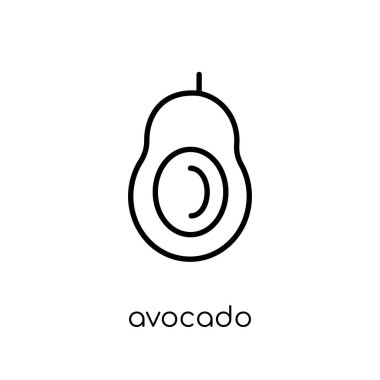 Avokado simgesi. Modaya uygun modern düz doğrusal ince çizgi meyve gelen beyaz arka plan üzerinde avokado simgesi ve Sebze toplama, Anahat vektör çizim vektör