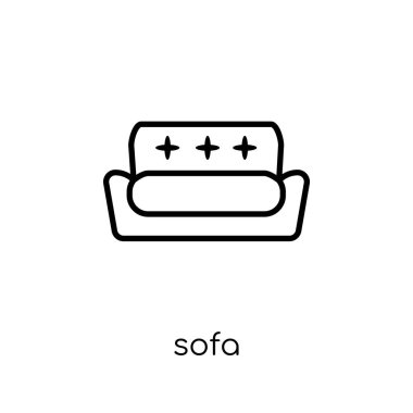 kanepe simgesi. Modaya uygun modern düz doğrusal vektör kanepe üstünde kutsal kişilerin resmi ince çizgi mobilya ve ev koleksiyonu, Anahat vektör çizim beyaz arka plan