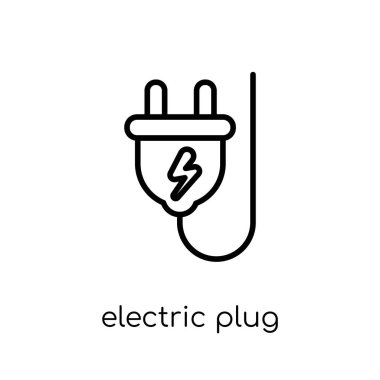 Elektrik fişi simgesi. Modaya uygun modern düz doğrusal vektör elektrik fiş ince çizgi genel koleksiyon, düzenlenebilir anahattı kontur vektör çizim beyaz arka plan üstünde kutsal kişilerin resmi