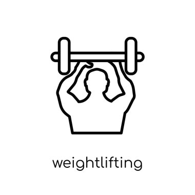 Halter simgesi. Modaya uygun modern düz doğrusal vektör halter kutsal kişilerin resmi üstünde ince çizgi spor salonu beyaz arka plan ve fitness koleksiyonu, düzenlenebilir anahattı kontur vektör çizim