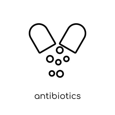 Antibiyotik simgesi. Modaya uygun modern düz doğrusal vektör antibiyotik kutsal kişilerin resmi üstünde ince çizgi sağlık beyaz arka plan ve tıbbi koleksiyonu, düzenlenebilir anahattı kontur vektör çizim