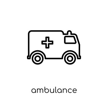 Ambulans simgesi. Modaya uygun modern düz doğrusal vektör ambulans kutsal kişilerin resmi üstünde ince çizgi sağlık beyaz arka plan ve tıbbi koleksiyonu, düzenlenebilir anahattı kontur vektör çizim