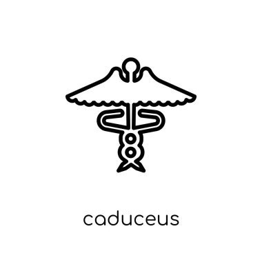 Caduceus simgesi. Modaya uygun modern düz doğrusal vektör Caduceus kutsal kişilerin resmi üstünde ince çizgi sağlık beyaz arka plan ve tıbbi koleksiyonu, düzenlenebilir anahattı kontur vektör çizim