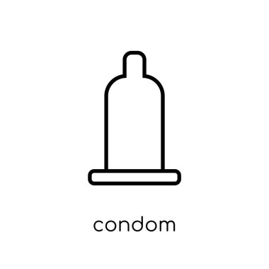 Prezervatif simgesi. Modaya uygun modern düz doğrusal vektör prezervatif kutsal kişilerin resmi üstünde ince çizgi sağlık beyaz arka plan ve tıbbi koleksiyonu, düzenlenebilir anahattı kontur vektör çizim
