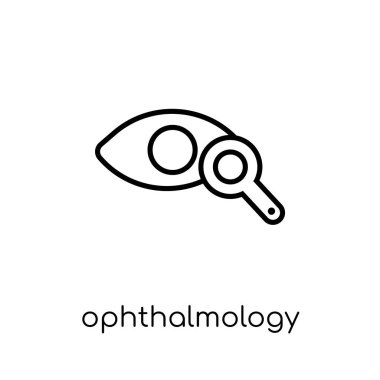 Oftalmoloji simgesi. Modaya uygun modern düz doğrusal vektör Oftalmoloji kutsal kişilerin resmi üstünde ince çizgi sağlık beyaz arka plan ve tıbbi koleksiyonu, düzenlenebilir anahattı kontur vektör çizim