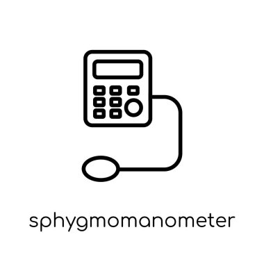 Tansiyon aleti simgesi. Modaya uygun modern düz doğrusal vektör tansiyon aleti kutsal kişilerin resmi üstünde ince çizgi sağlık beyaz arka plan ve tıbbi koleksiyonu, düzenlenebilir anahattı kontur vektör çizim