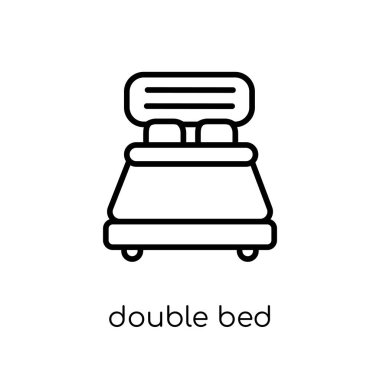 Çift Kişilik Yatak simgesi. Trendy modern düz doğrusal vektör çift kişilik yatak üstünde kutsal kişilerin resmi--dan ince içini kaplamak Hotel collection, Anahat vektör çizim beyaz arka plan
