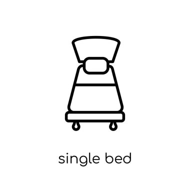 Tek Kişilik Yatak simgesi. Trendy modern düz doğrusal vektör tek kişilik yatak üstünde kutsal kişilerin resmi--dan ince içini kaplamak Hotel collection, Anahat vektör çizim beyaz arka plan