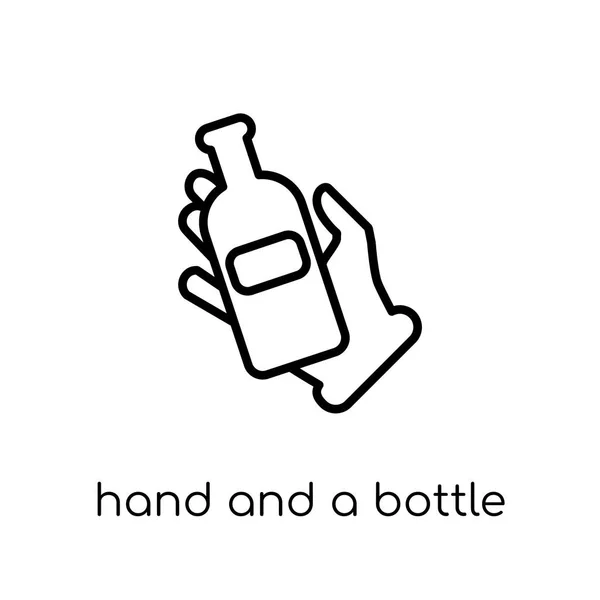 手とボトル アイコン 流行のモダンなフラット線形ベクトル手と細い線手と外国コレクション 編集可能なアウトラインのストロークのベクトル図から白い背景の上のボトル アイコン — ストックベクタ