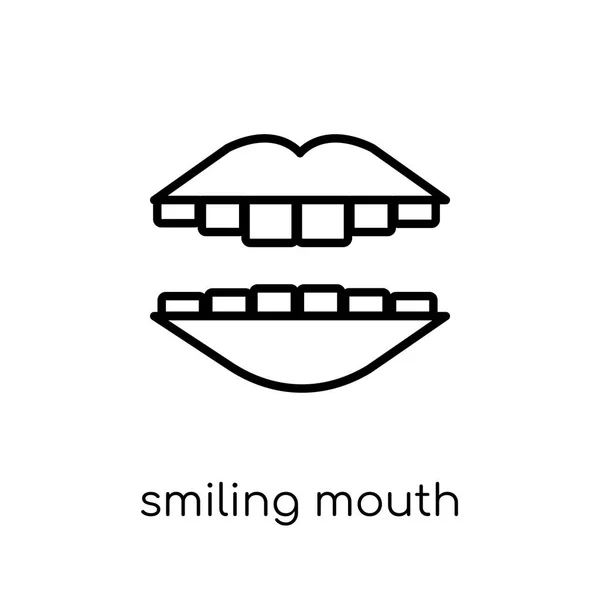 笑みを浮かべて口歯アイコンを表示します 口の細い線人間体パーツのコレクション アウトライン ベクトル図から白い背景の上の歯アイコンが表示を笑顔トレンディなモダンなフラット線形ベクトル — ストックベクタ
