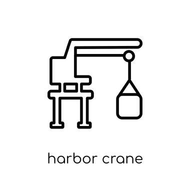 Liman Vinci simgesi. Modaya uygun modern düz doğrusal vektör liman Vinç Sanayi koleksiyonu, Anahat vektör çizim ince satırından beyaz arka plan üstünde kutsal kişilerin resmi
