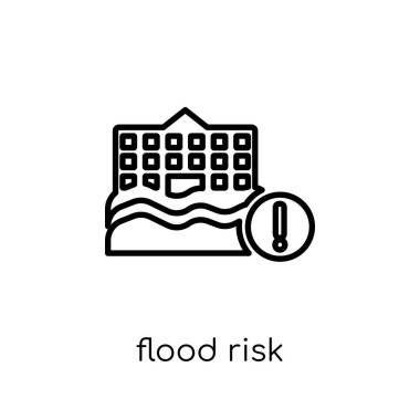 Sel riski simgesi. Modaya uygun modern düz doğrusal vektör sel riski ince çizgi sigorta Collection, düzenlenebilir anahattı kontur vektör çizim beyaz arka plan üstünde kutsal kişilerin resmi