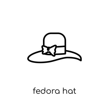 Fedora şapka simgesi. Modaya uygun modern düz doğrusal vektör Fedora şapka kutsal kişilerin resmi üstünde ince çizgi Luxury collection, düzenlenebilir anahattı kontur vektör çizim beyaz arka plan