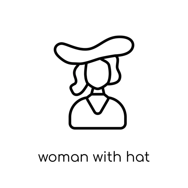 带有帽子图标的妇女 时尚现代平面线性向量妇女与帽子图标在白色背景从细线女士汇集 可编辑的概述笔画向量例证 — 图库矢量图片
