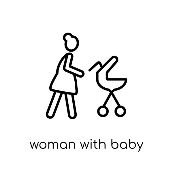 Femme Avec Bébé Poussette Icône Tendance Moderne Plat Vecteur Linéaire — Image vectorielle