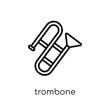 Trombon simgesi. Modaya uygun modern düz doğrusal vektör trombon simgesi ince çizgi müzik koleksiyonu, Anahat vektör çizim beyaz arka plan üzerinde