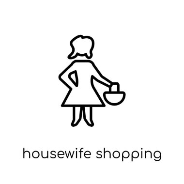 Ev hanımı alışveriş simgesi. Modaya uygun modern düz doğrusal vektör ince çizgi insanlar koleksiyonu, düzenlenebilir anahattı kontur vektör çizim beyaz arka plan ev kadını alışveriş simgesine