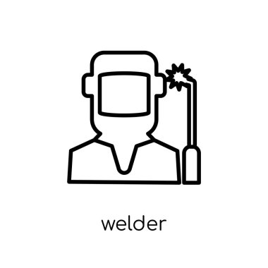 Kaynakçı simgesi. Modaya uygun modern düz doğrusal vektör kaynakçı simgesine ince çizgi meslekler koleksiyonu, düzenlenebilir anahattı kontur vektör çizim beyaz arka plan