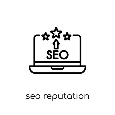 SEO itibar simgesi. Trendy modern düz doğrusal vektör Seo itibar üstünde kutsal kişilerin resmi--dan ince içini kaplamak programlama koleksiyonu, düzenlenebilir beyaz arka plan anahat kontur vektör çizim