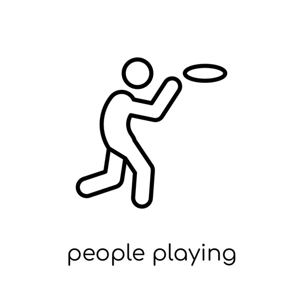 Leute Die Frisbee Ikone Spielen Trendige Moderne Flache Lineare Vektor — Stockvektor
