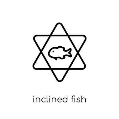 Eğimli balık simgesi. Modaya uygun modern düz doğrusal vektör ince çizgi din koleksiyonu, düzenlenebilir anahattı kontur vektör çizim üzerinden beyaz arka plan üzerinde eğimli balık simgesi