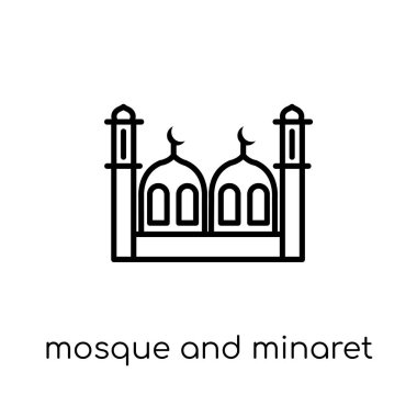 Cami ve minare simgesi. Modaya uygun modern düz doğrusal vektör cami ve minare simge ince çizgi din koleksiyonu, düzenlenebilir anahattı kontur vektör çizim üzerinden beyaz arka plan üzerinde