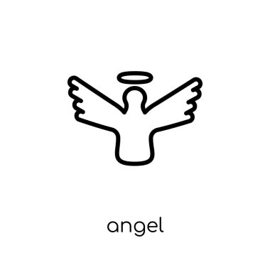 Melek simgesi. Modaya uygun modern düz doğrusal vektör ince çizgi din koleksiyonu, düzenlenebilir anahattı kontur vektör çizim üzerinden beyaz arka plan üzerinde Angel simgesi