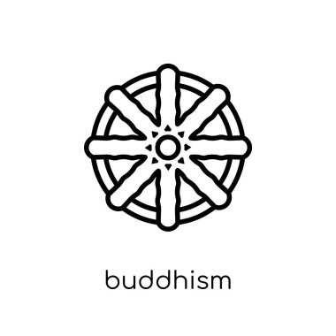 Budizm simgesi. Trendy modern düz doğrusal vektör Budizm üstünde kutsal kişilerin resmi--dan ince içini kaplamak din koleksiyonu, düzenlenebilir anahattı kontur vektör çizim beyaz arka plan