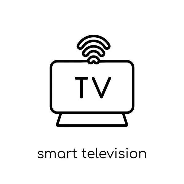 スマート テレビのアイコン トレンディな近代的なフラット線形ベクトル細い線スマート ホーム コレクション 編集可能なアウトラインのストロークのベクトル図から白い背景の上のスマート テレビ アイコン — ストックベクタ